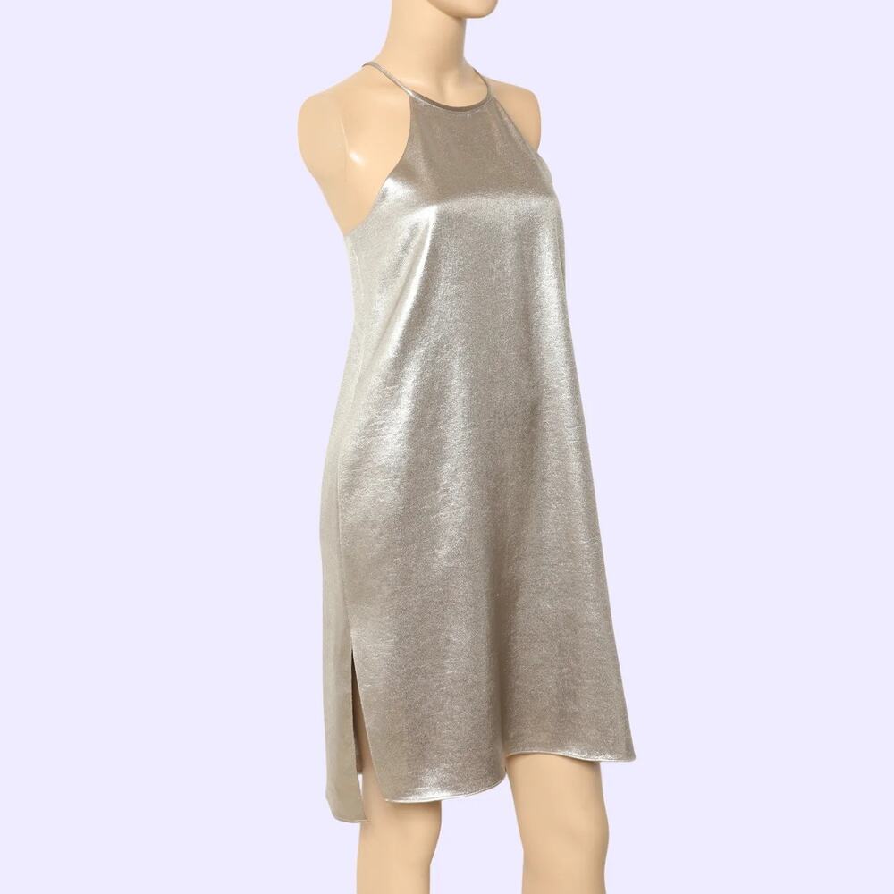 HALSTON HERITAGE Silver Metallic Halter Shift Mini Dress
